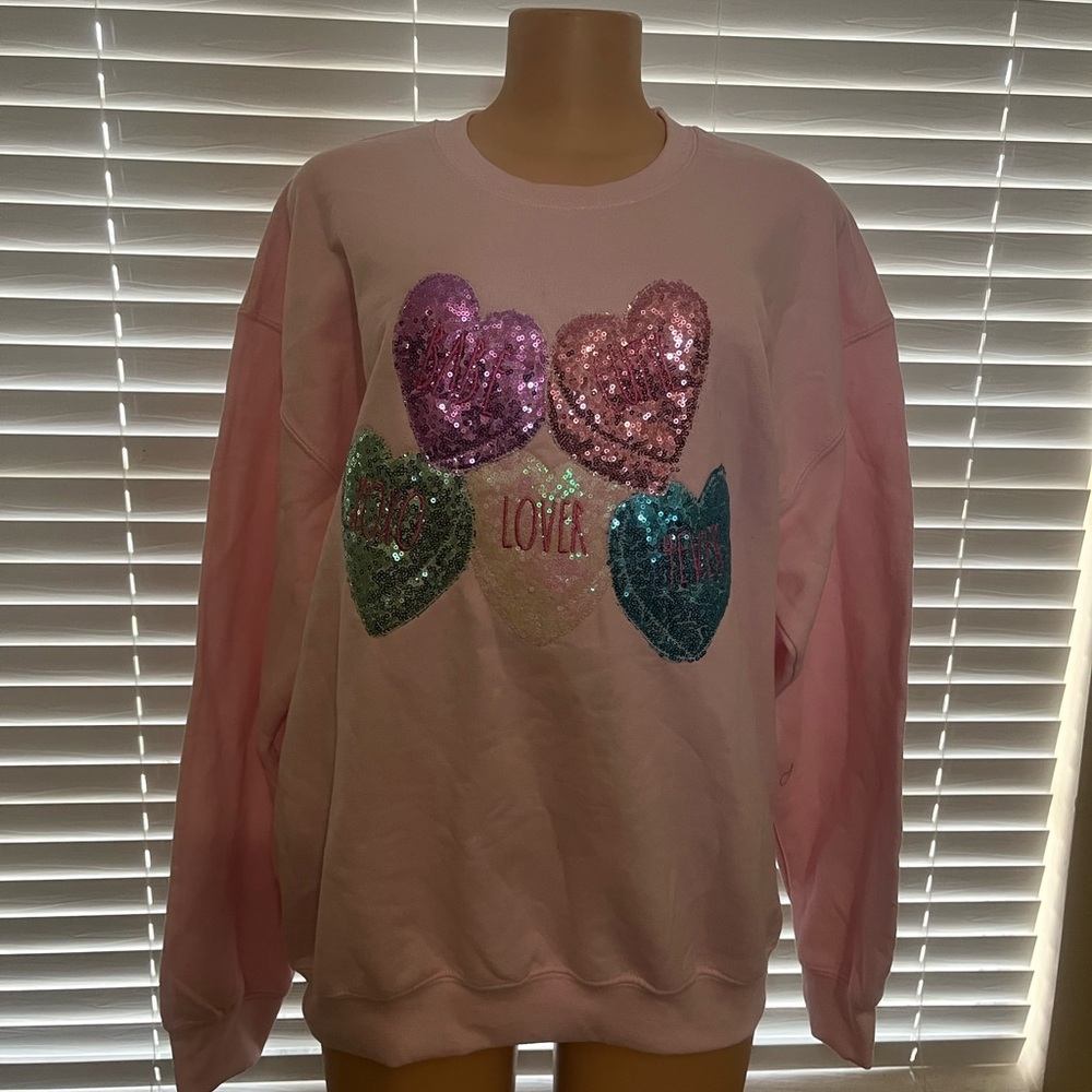 Gildan Pink Sweater with Sequin Hearts